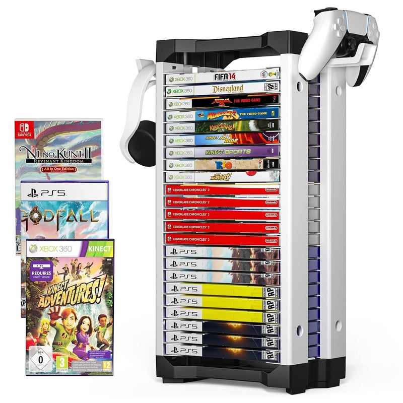 Allnice Game Storage Tower Multifunction Video Game Shelf for 24 game Disk, 2 Headsets Controllers Holder Compatible with PS3/PS4/PS5/ Nintendo Switch/Xbox One, Xbox Series X/S and Blu-Ray Discs - Image 1